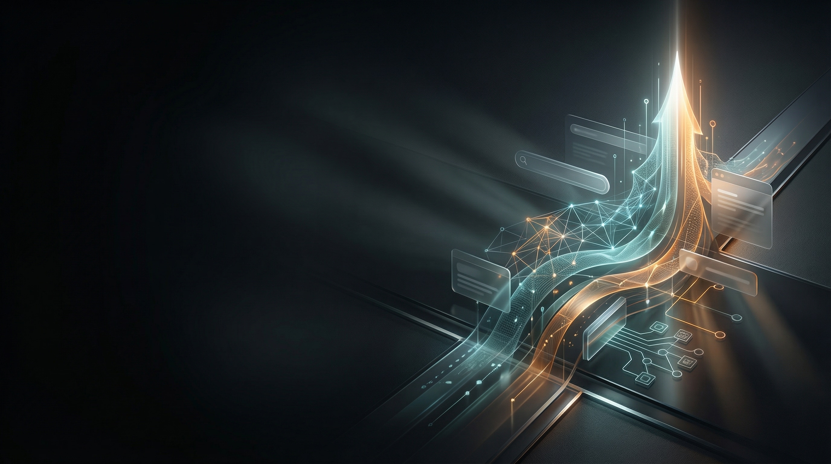 Futuristic data pathways converging upward representing Cotes Code driving top AI search rankings for businesses in Grand Rapids, Ada, and surrounding West Michigan