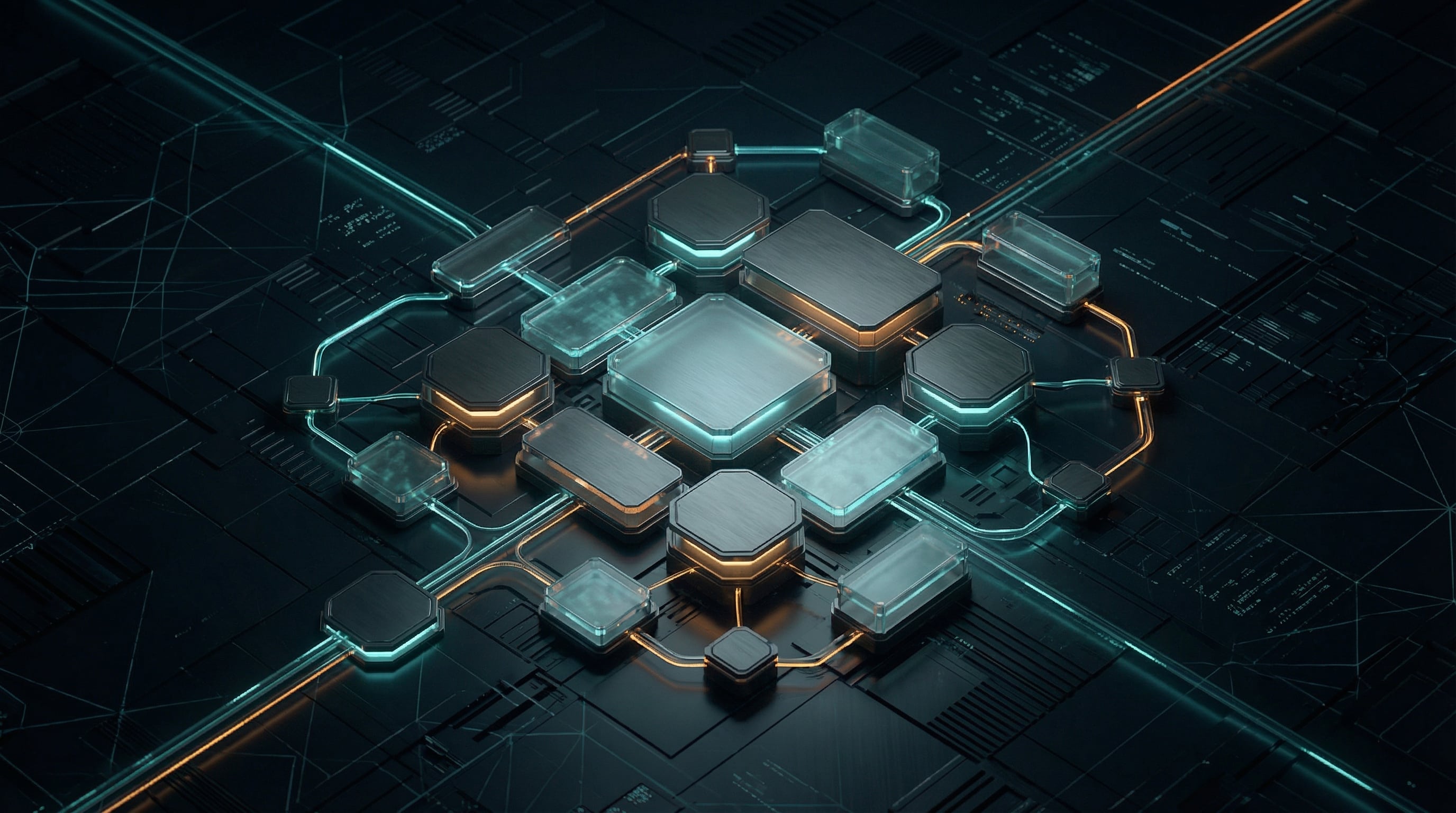Cotes Code service section graphic showing a futuristic network of connected digital blocks representing structured content systems, paired with a list highlighting writing focus areas for businesses in Grand Rapids, Ada, and surrounding Michigan markets.
