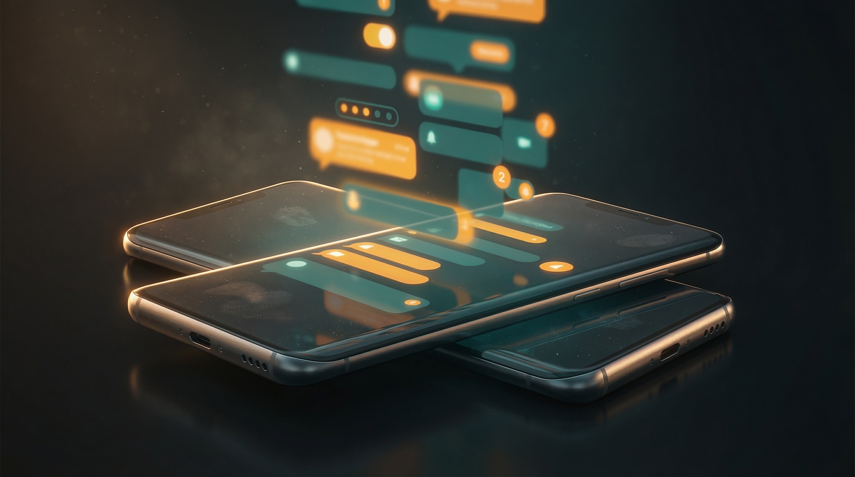 Futuristic smartphones connected by glowing data streams and UI elements, representing engineered digital influence, AI-driven visibility, and integrated social + SEO growth systems for brands like Cote’s Code in Michigan.