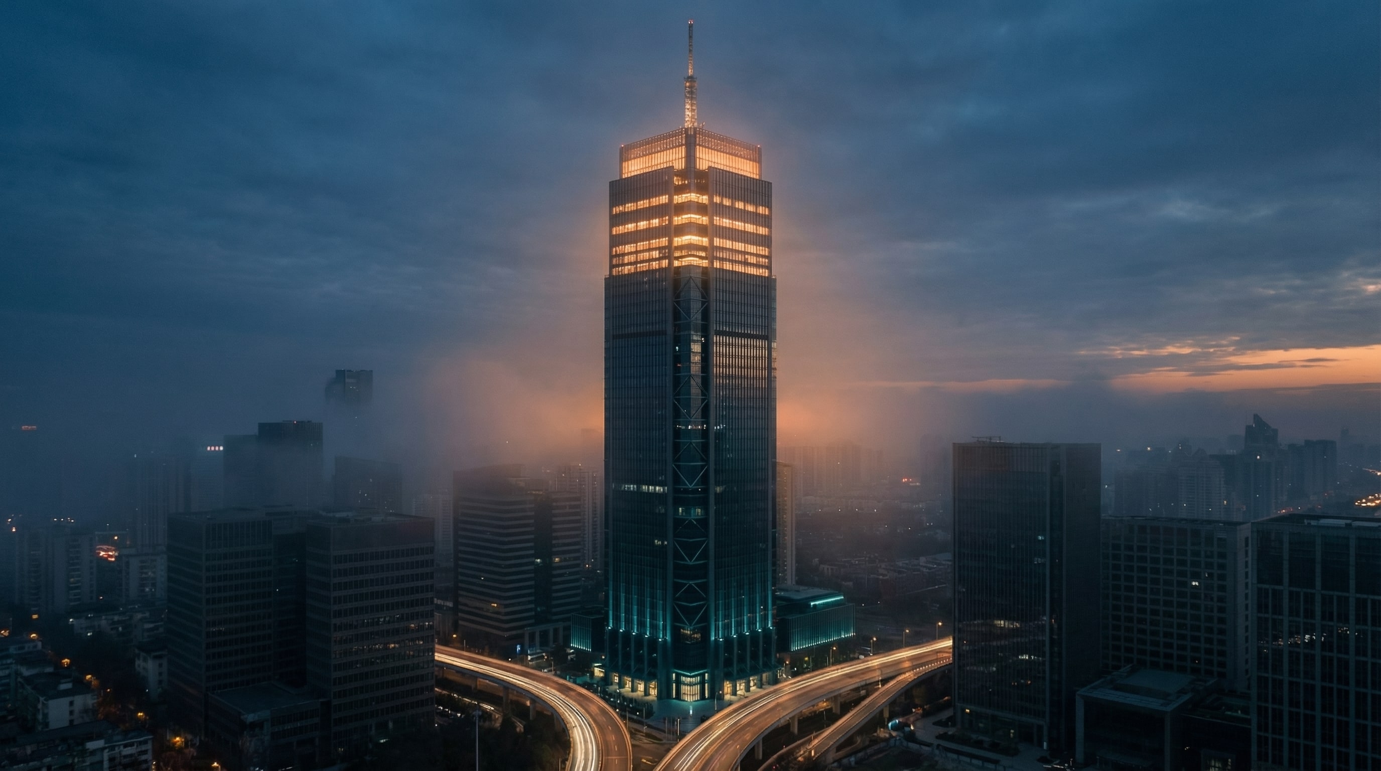Foggy city skyline at dusk with a brightly lit central skyscraper and glowing highways converging below, representing Cote’s Code’s integrated strategy where organic social media, SEO, and AEO connect to drive digital dominance across search, AI visibility, and brand authority in Michigan markets like Grand Rapids and Detroit.