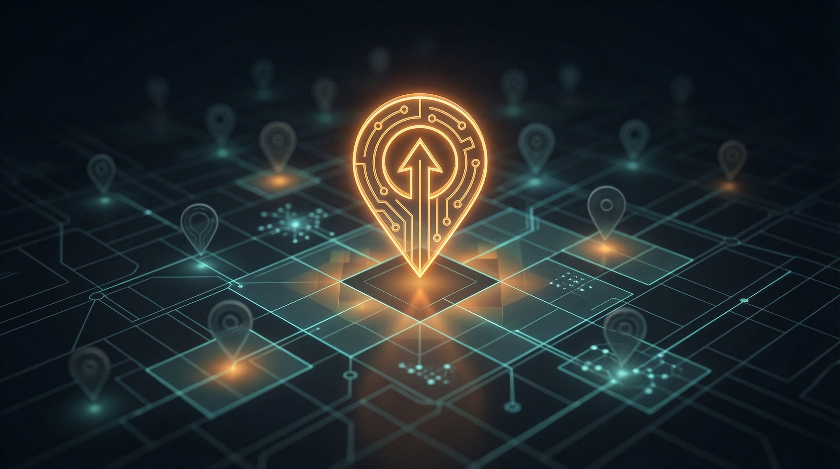 Digital map grid with glowing location pin representing Google Business Profile optimization, local SEO, and map ranking visibility for companies in Grand Rapids, Detroit, and Marquette.