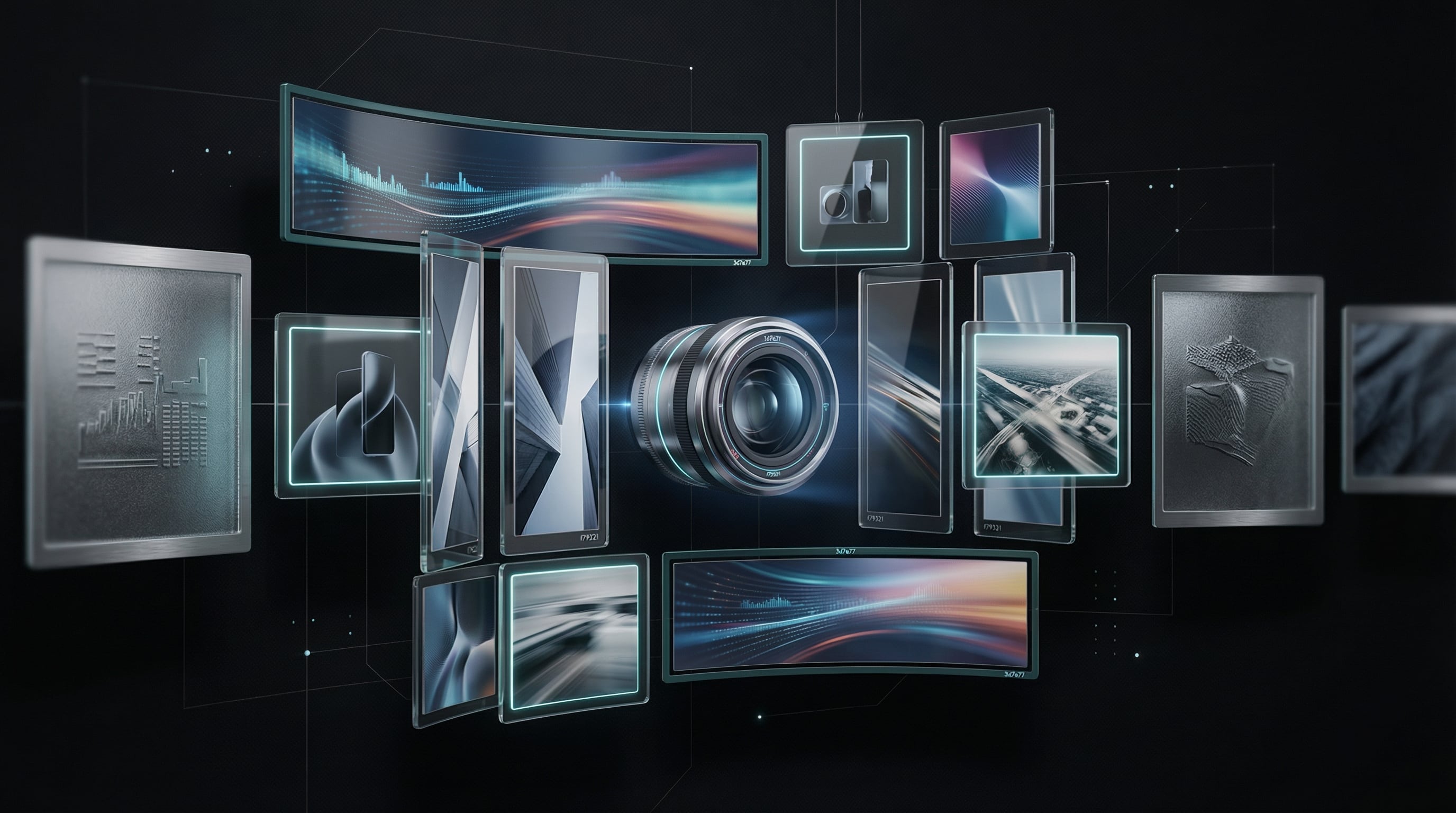 Floating digital screens and camera lens representing professional content creation, brand storytelling, and multimedia marketing for businesses in Grand Rapids, Detroit, and Marquette.