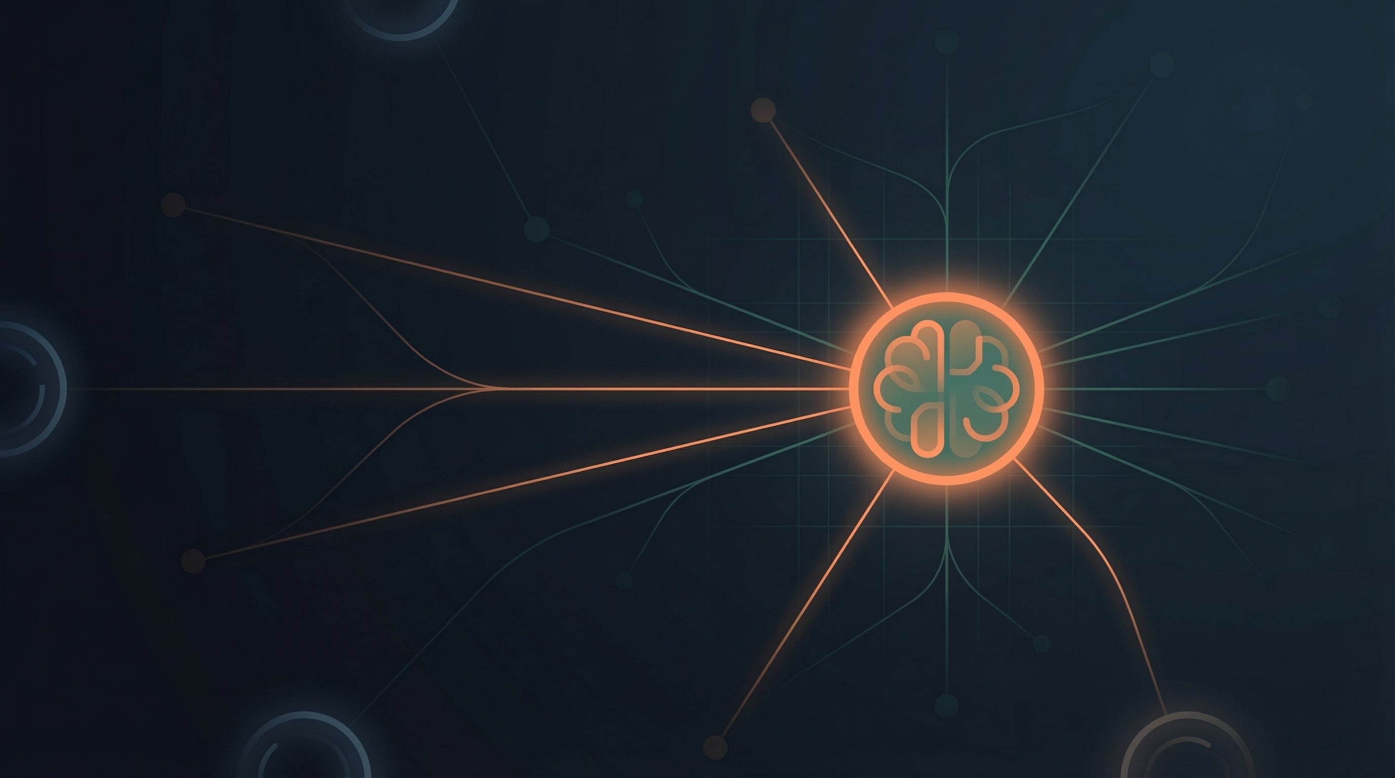 AI answer engine optimization concept with a glowing neural network hub and connected data nodes representing semantic SEO, structured data, and AI search visibility for businesses in Grand Rapids, Detroit, and Marquette.