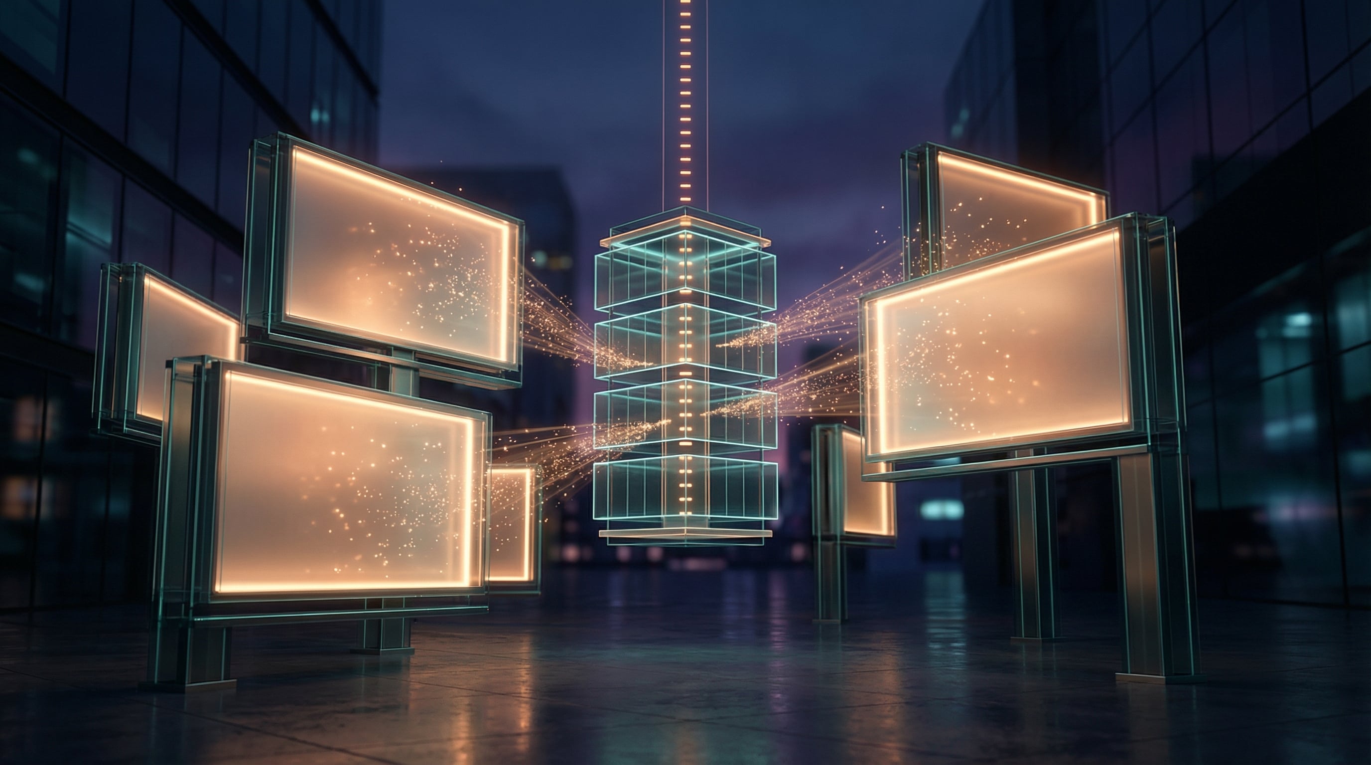 Connected digital screens and data pathways symbolizing CRM and marketing automation systems that streamline lead routing, email workflows, and client lifecycle management for businesses in Grand Rapids, Detroit, and Marquette.