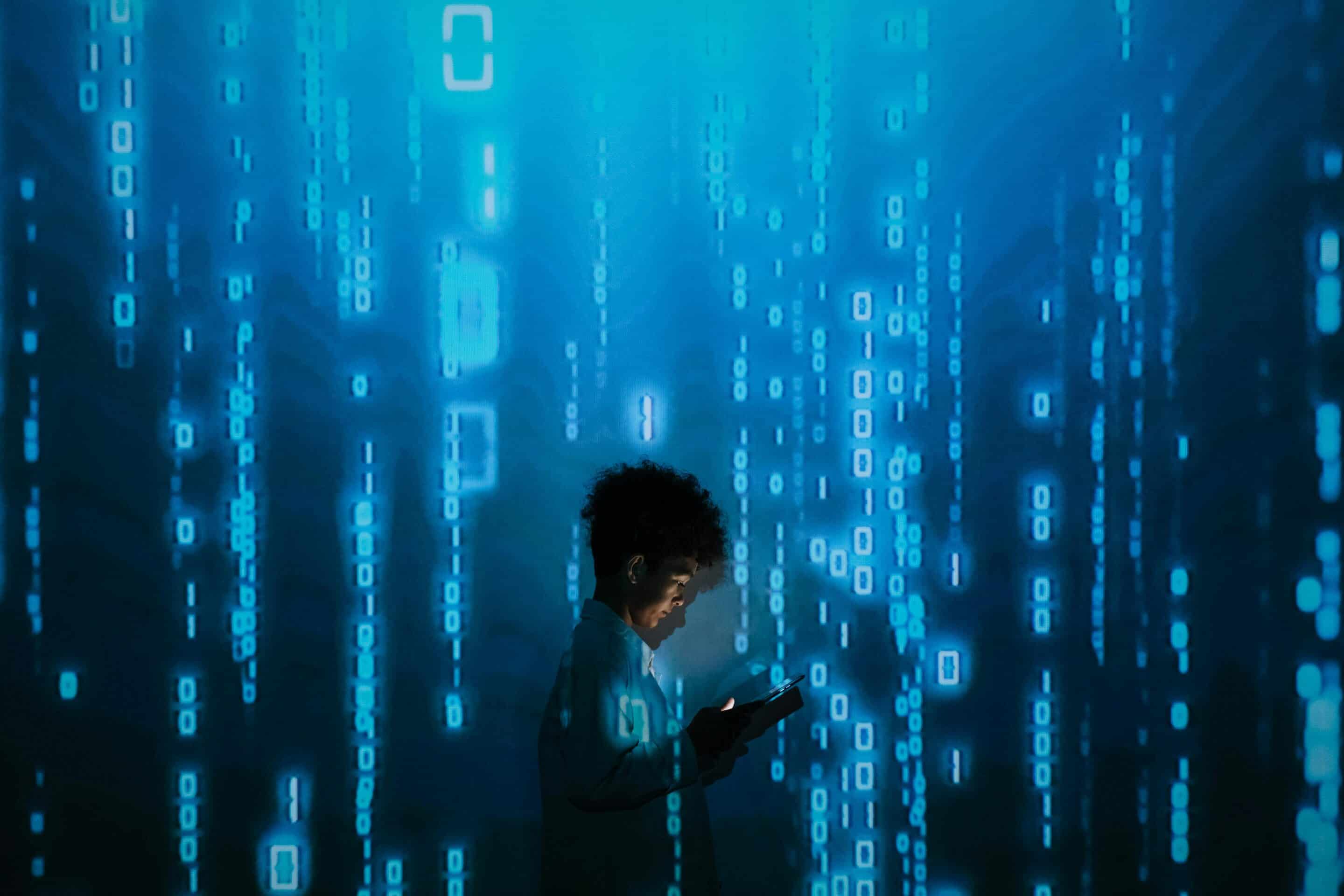Person interacting with floating digital data streams representing Cotes Code optimizing brands for answer engine optimization and AI search visibility