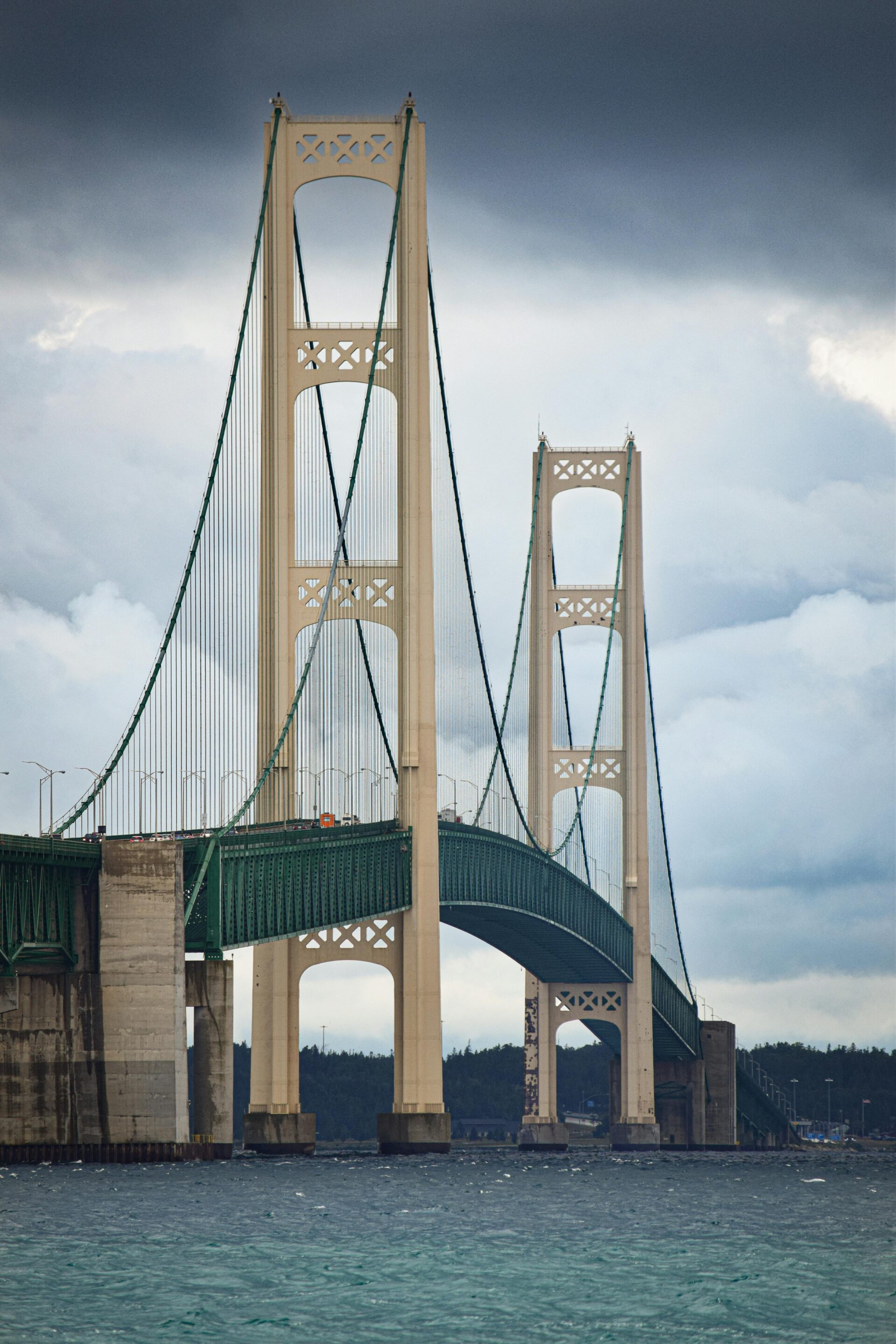 The Mackinac Bridge spanning over blue water under a cloudy sky, symbolizing strong statewide connection and visibility, representing Cote’s Code helping businesses across Grand Rapids, Detroit, and Marquette dominate Google Business Profile and local search results in Michigan.