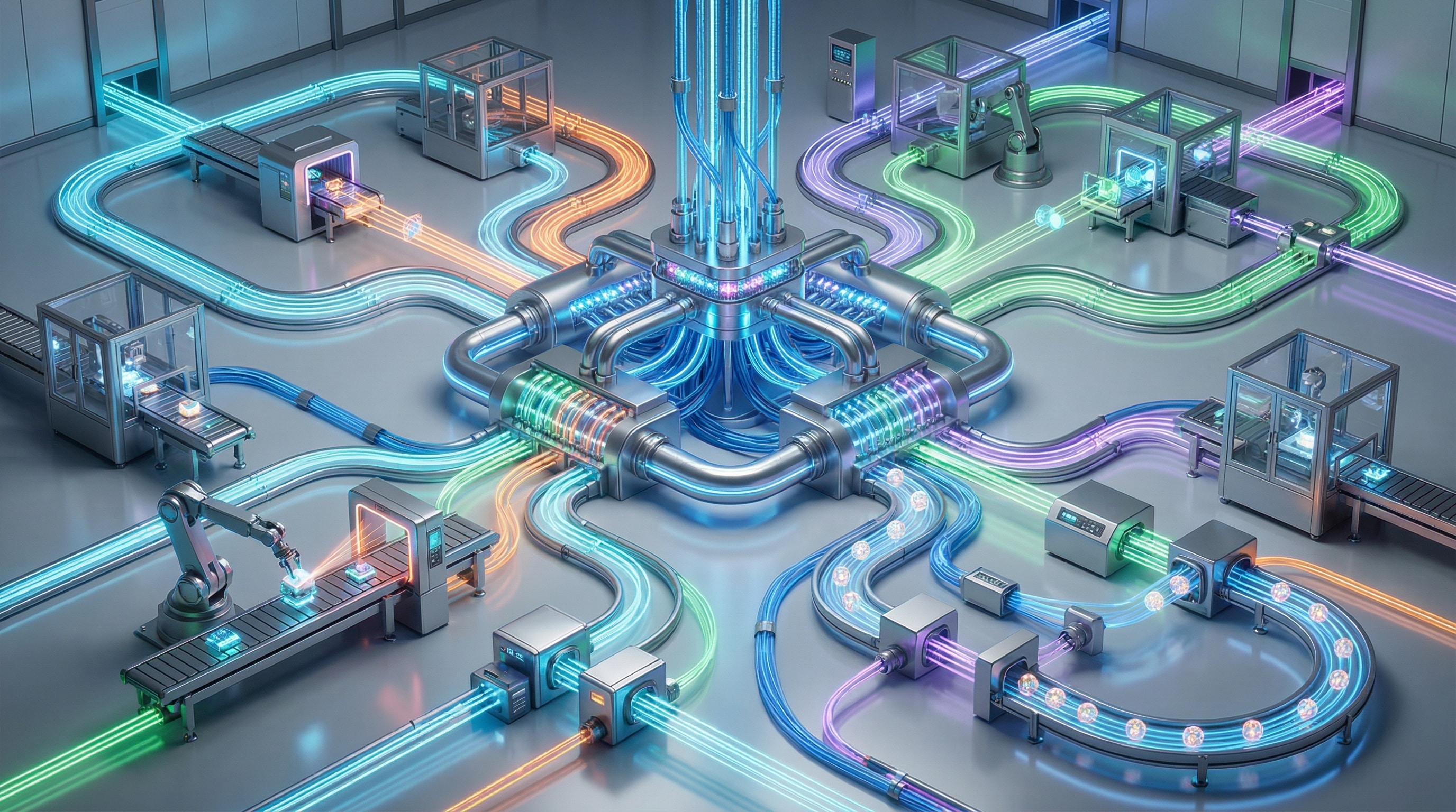 Interconnected digital pipelines moving data between systems, illustrating CRM and marketing automation workflows that capture leads, route contacts, and drive scalable business growth for companies in Grand Rapids, Detroit, and Marquette.