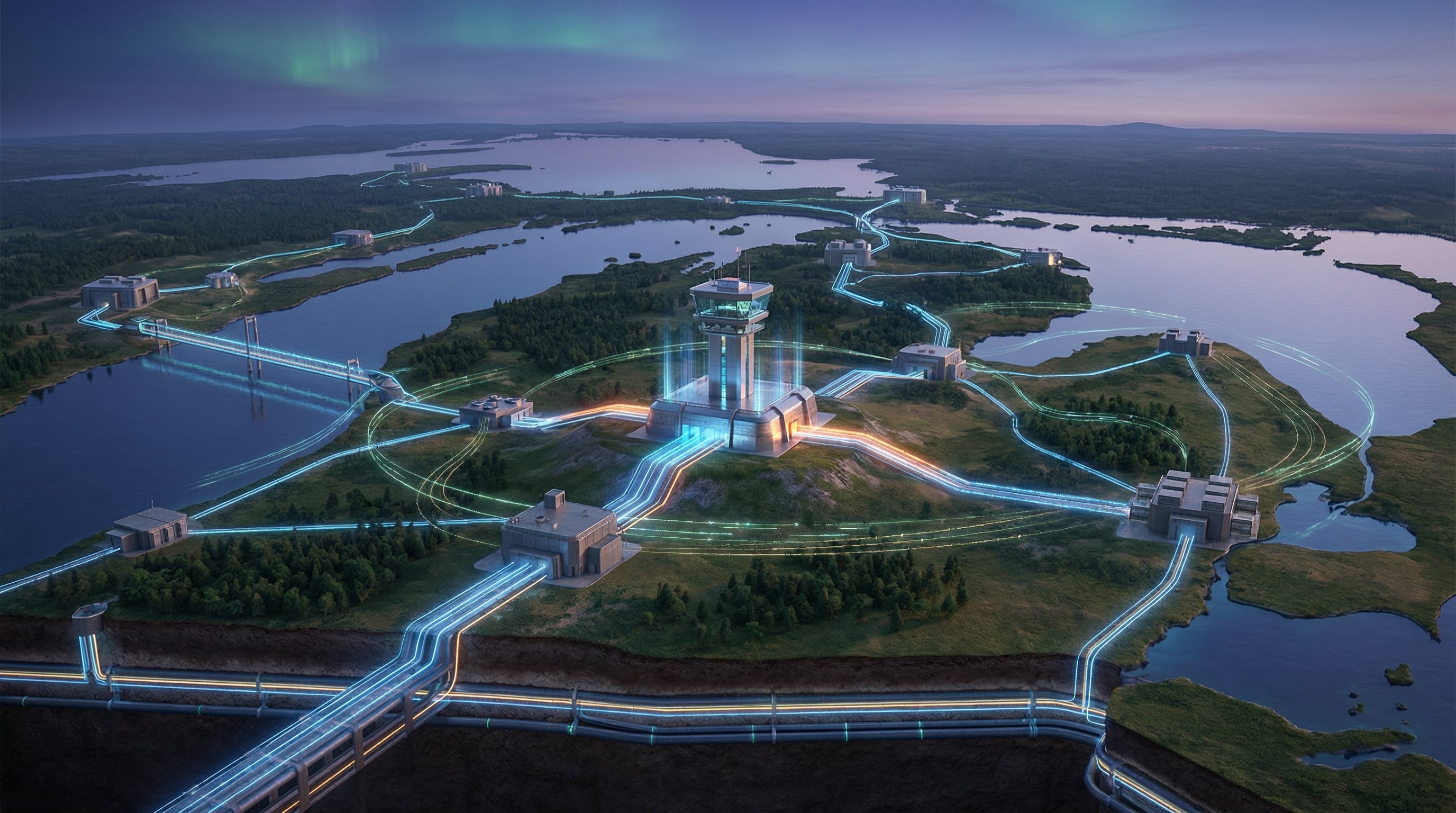 Futuristic digital infrastructure mapped across a Michigan landscape, symbolizing connected marketing, CRM, and automation systems driving revenue growth for businesses in Grand Rapids, Detroit, and Marquette.