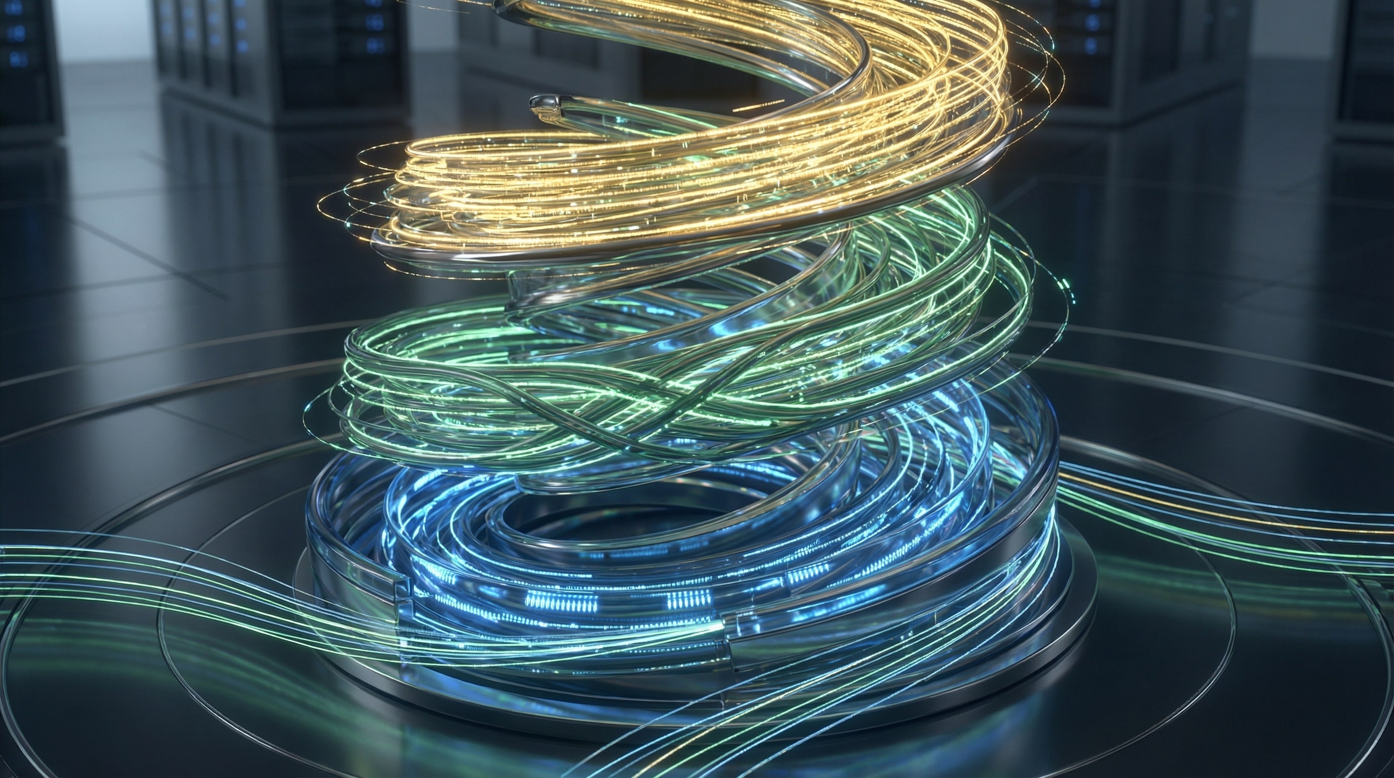 Glowing intertwined streams of light forming a vertical spiral funnel, representing the integration of CRM, SEO, and AEO systems working together to drive compounding digital growth for Cote’s Code clients across Grand Rapids, Detroit, and greater Michigan.