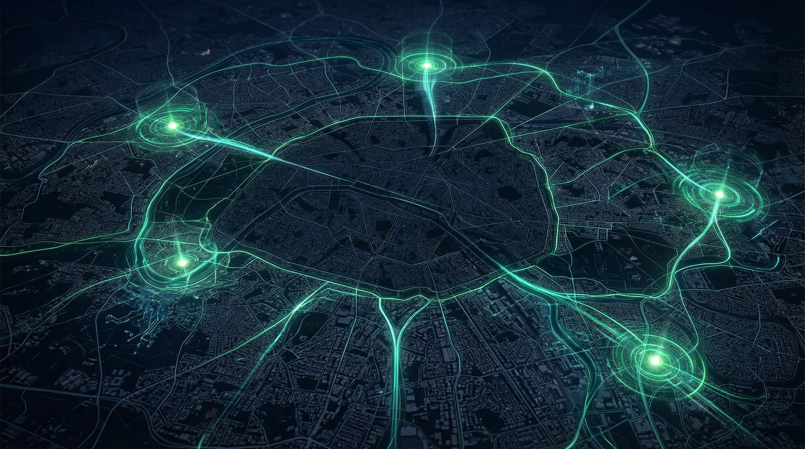 Digital city map with connected location nodes representing Cotes Code improving local search visibility for businesses in Grand Rapids, Ada, and surrounding West Michigan