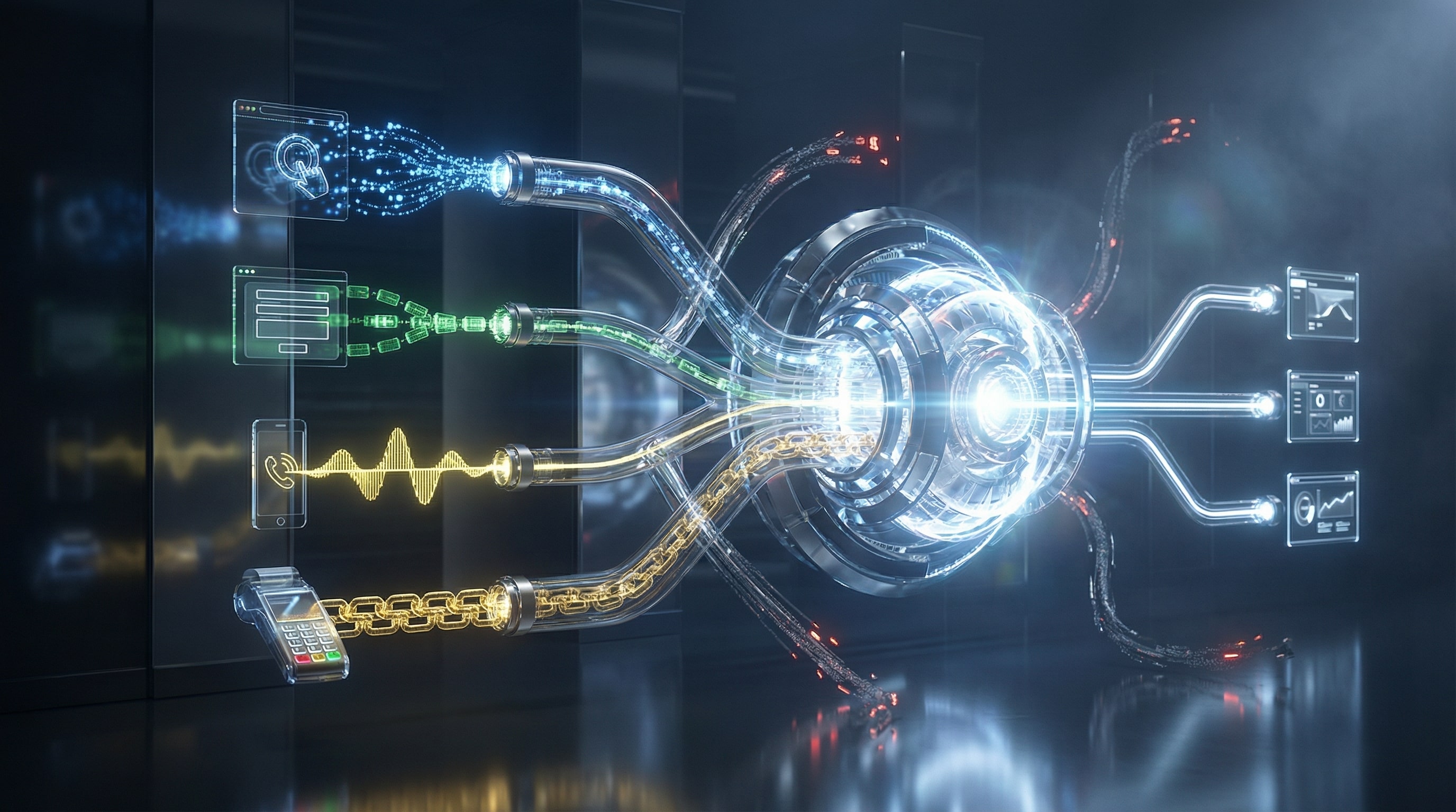 Futuristic data hub with glowing cables and digital signals flowing into a central core, symbolizing unified data analytics and conversion tracking systems that connect marketing, sales, and revenue into one source of truth for Cote’s Code clients in Grand Rapids and across Michigan.