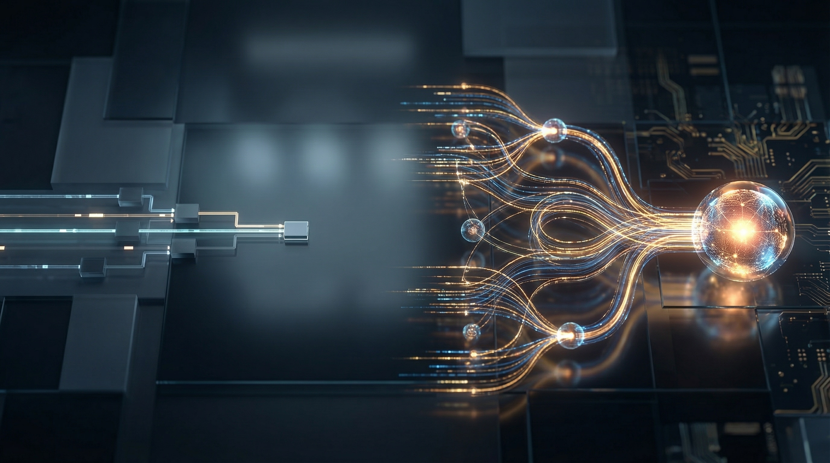 Glowing data streams flowing from a search interface into a bright digital core, representing SEO and AI search analytics integration, tracking visibility, user intent, and answer engine performance for Cote’s Code clients in Grand Rapids, Detroit, and Marquette.