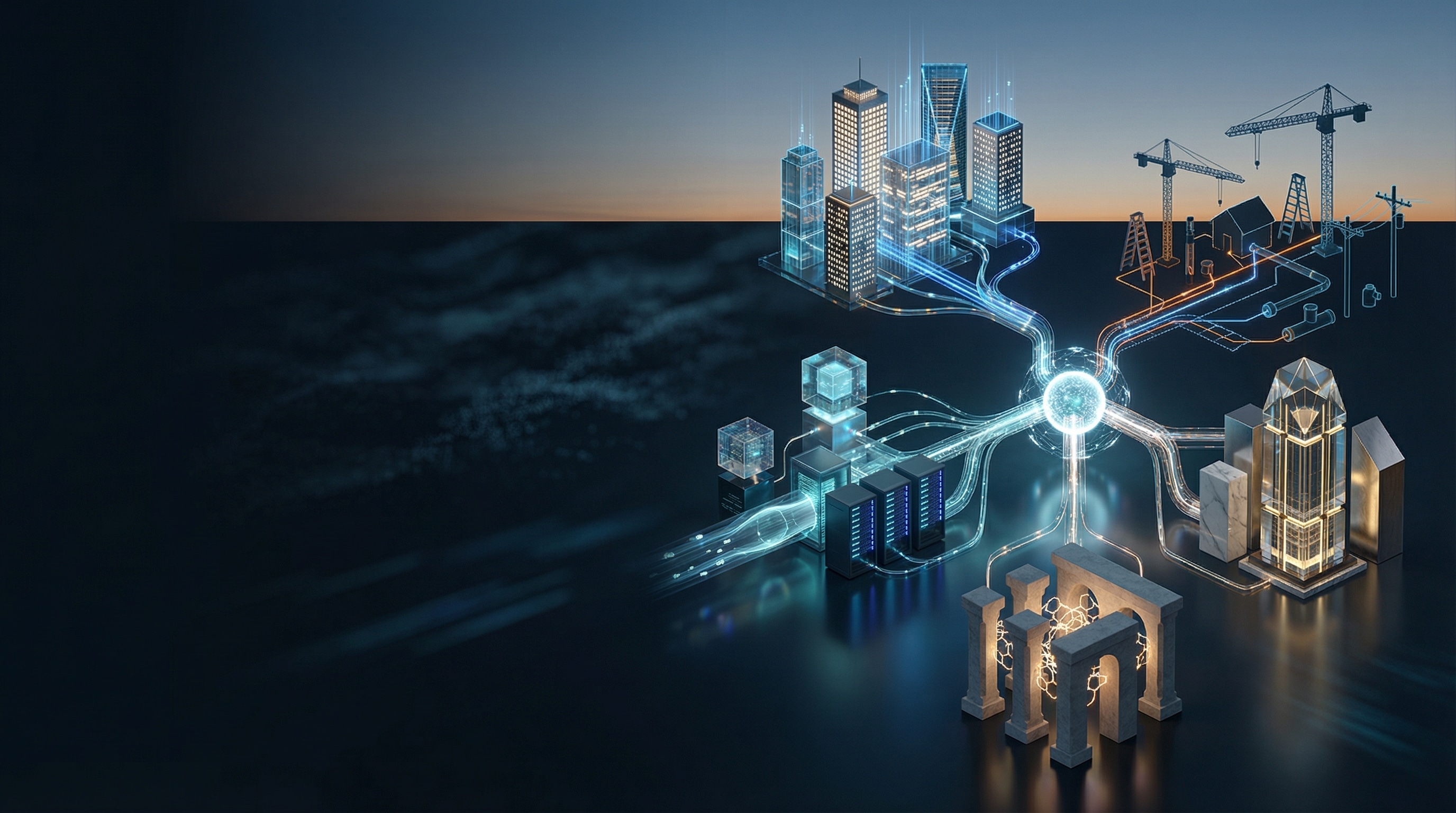 Digital network hub connecting multiple Michigan industries—construction, real estate, home services, nonprofits, and professional offices—symbolizing scalable marketing systems built by Cote’s Code for businesses in Grand Rapids, Detroit, and Marquette.