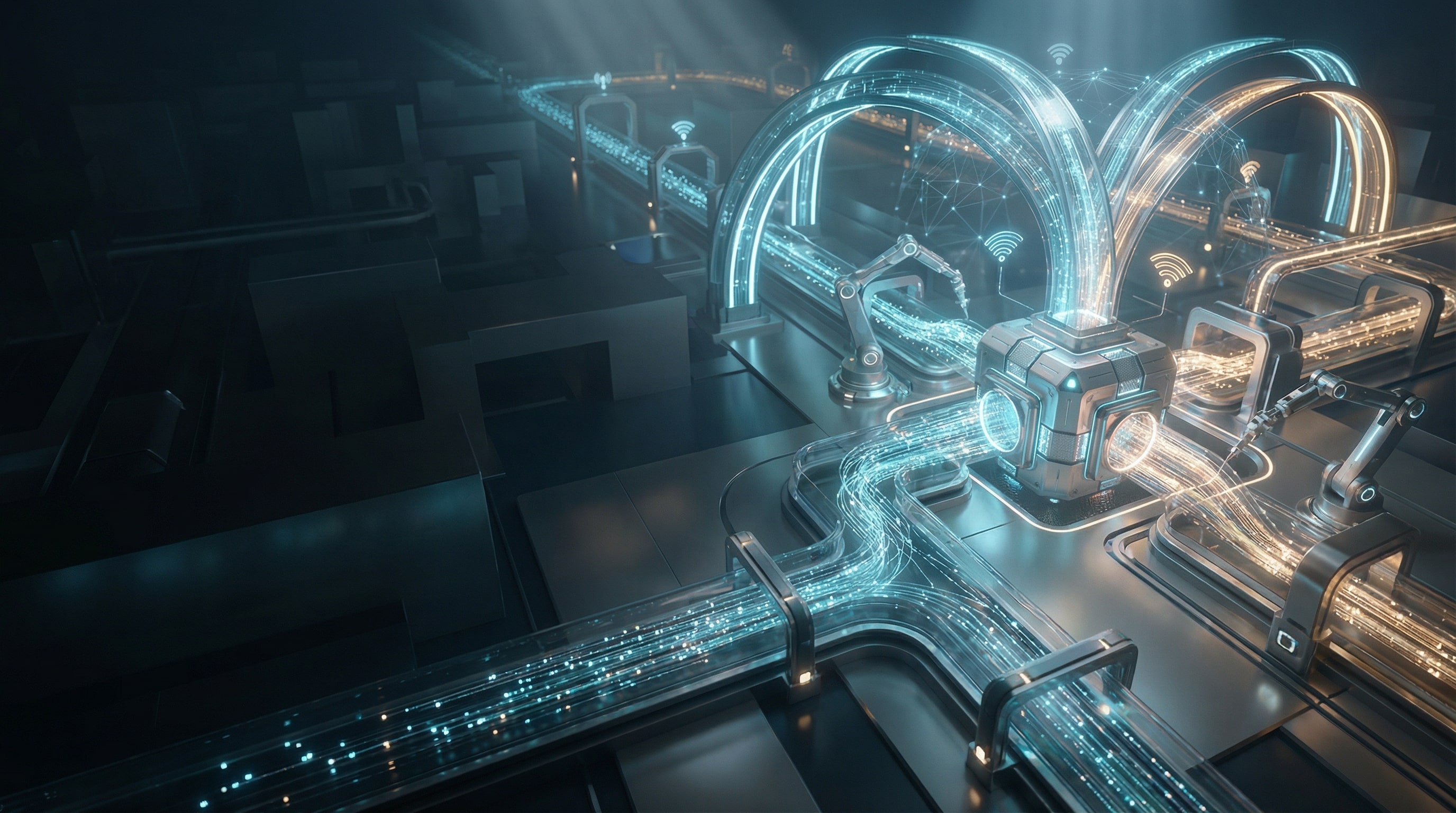 Futuristic data infrastructure with glowing pathways converging into a central processing hub, representing how Cote’s Code connects SEO, AEO, and analytics into one conversion-focused growth system for businesses in Grand Rapids, Detroit, and Marquette.