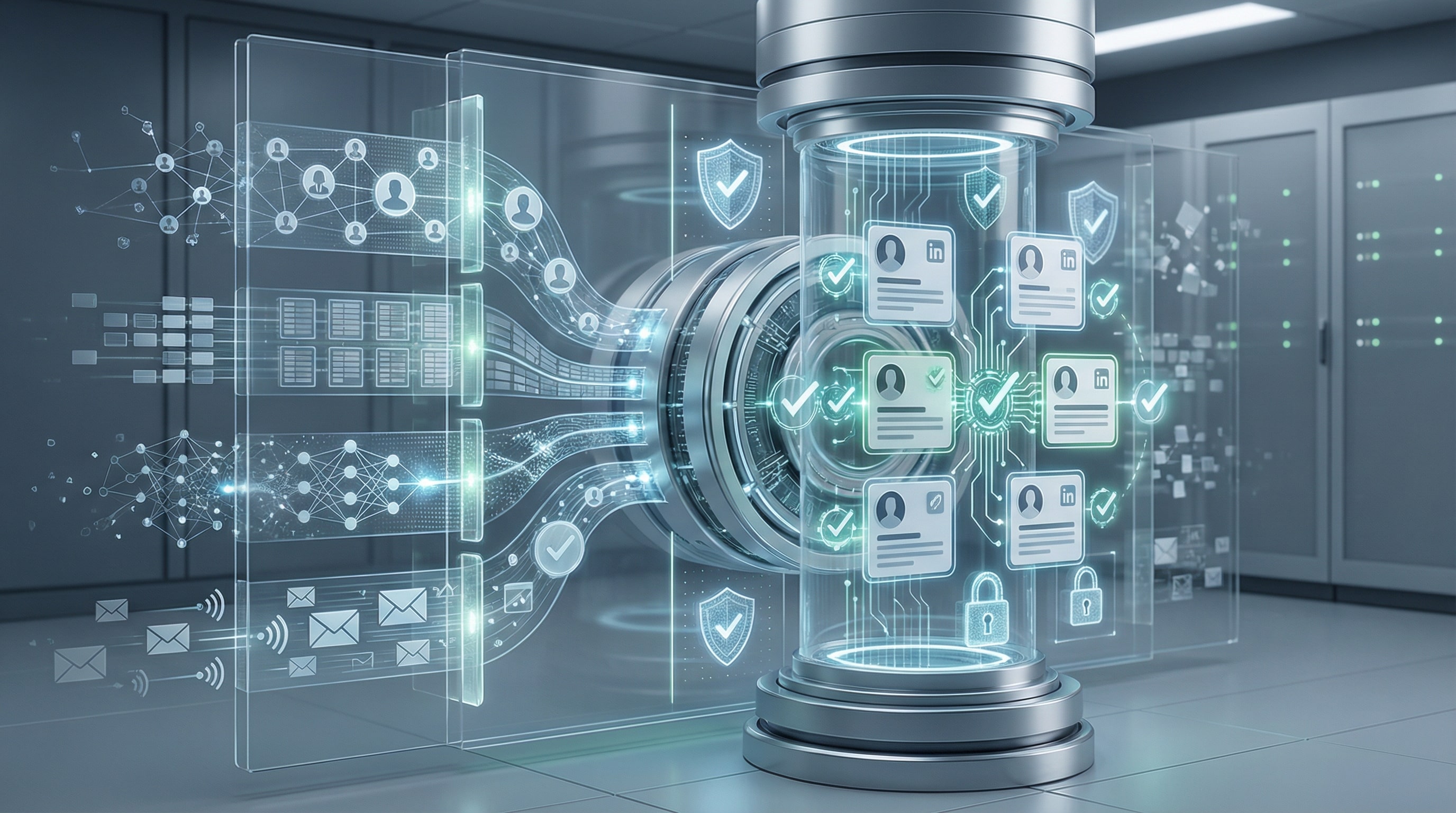 Cotes Code contact data enrichment system visualizing verified B2B prospect data flowing through a secure AI-powered pipeline, representing ethical lead list building for businesses in Grand Rapids, Detroit, and Marquette.