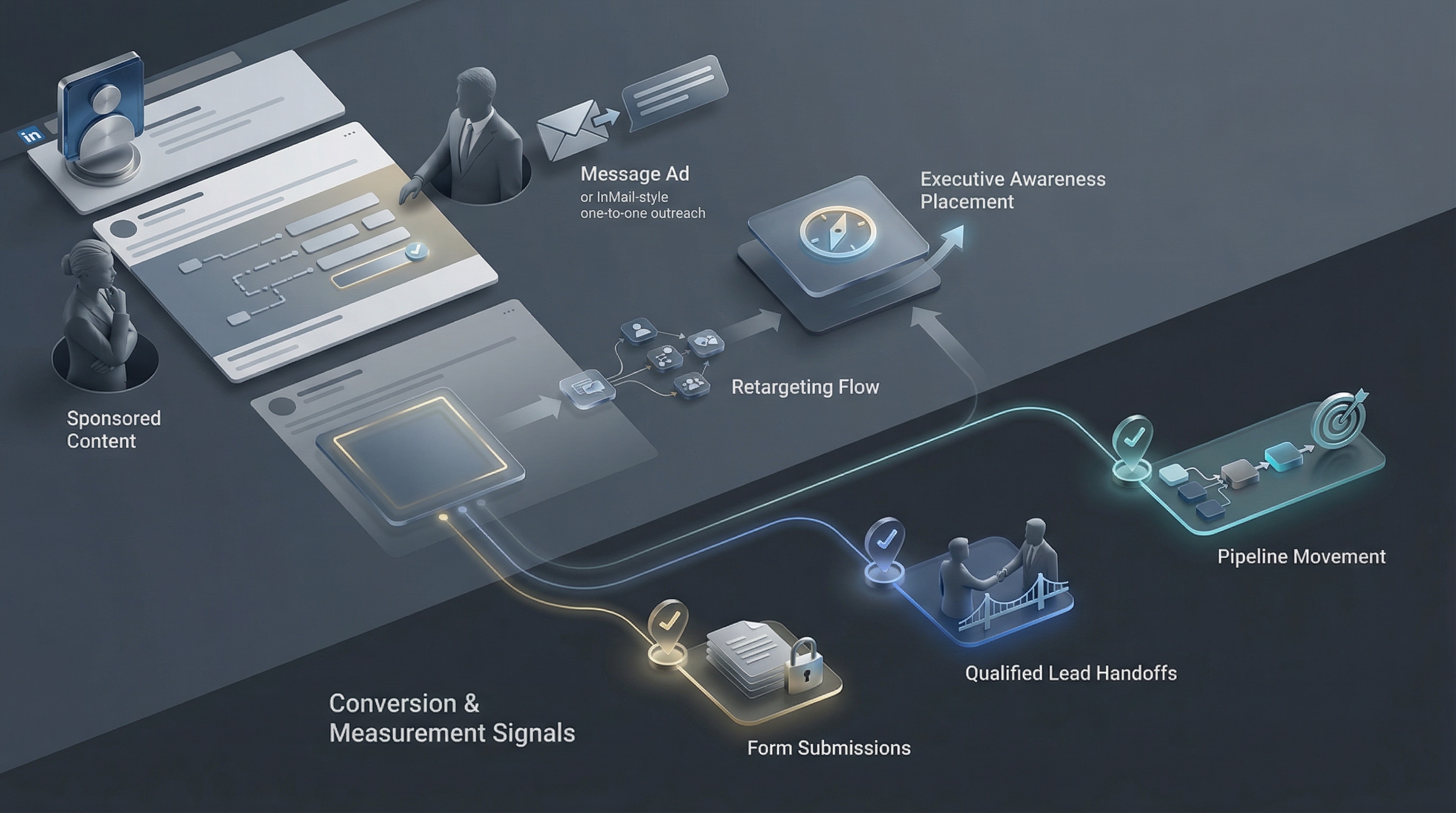 Cotes Code LinkedIn Ads lead generation campaign flow showing retargeting, message ads, and conversion tracking, representing B2B demand capture for companies in Grand Rapids, Detroit, and Marquette.