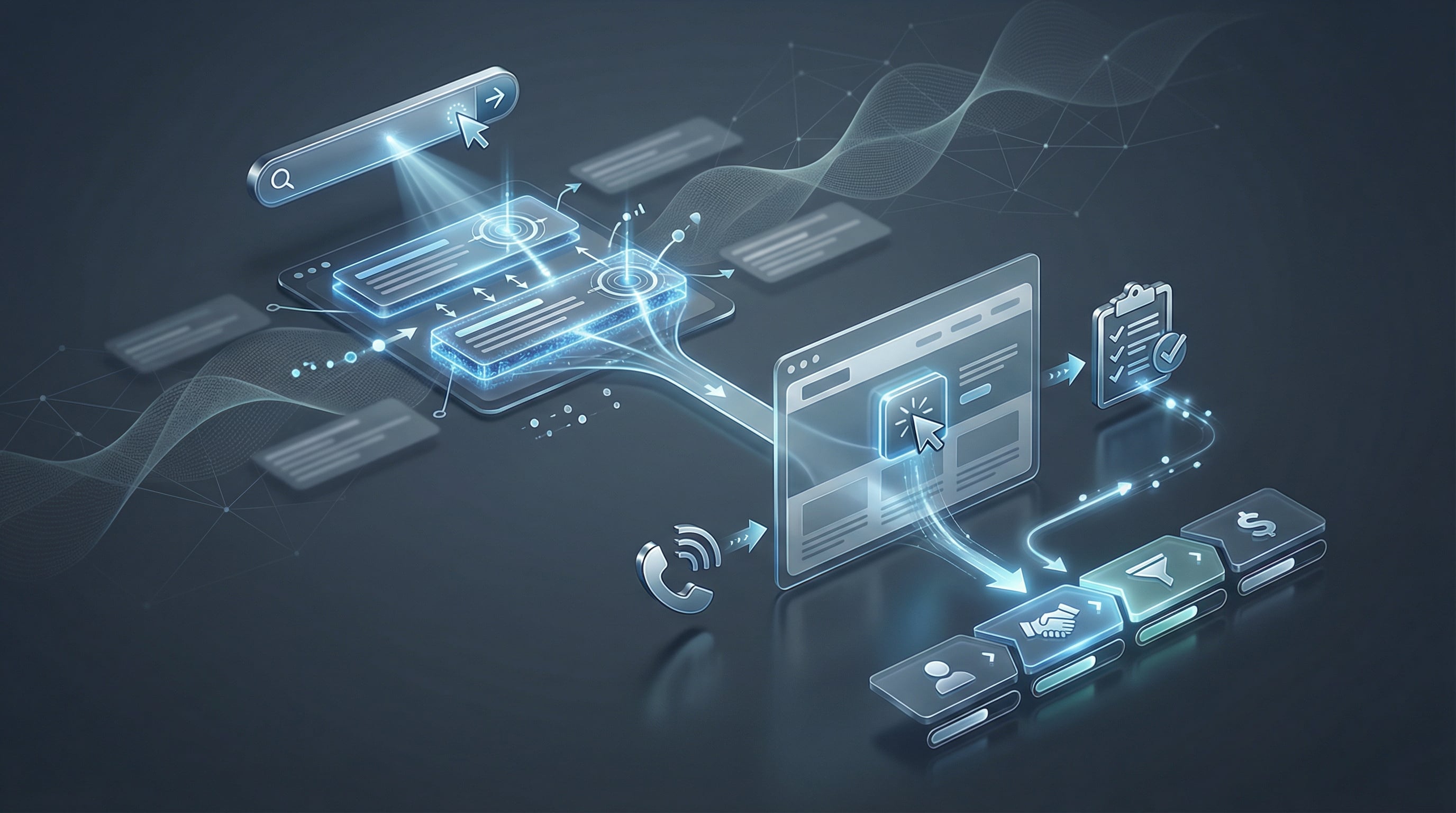 Cotes Code SEM and Google Ads demand capture strategy visual with connected search ads, landing pages, and conversion tracking systems, representing high-intent lead generation for businesses in Grand Rapids, Detroit, and Marquette.