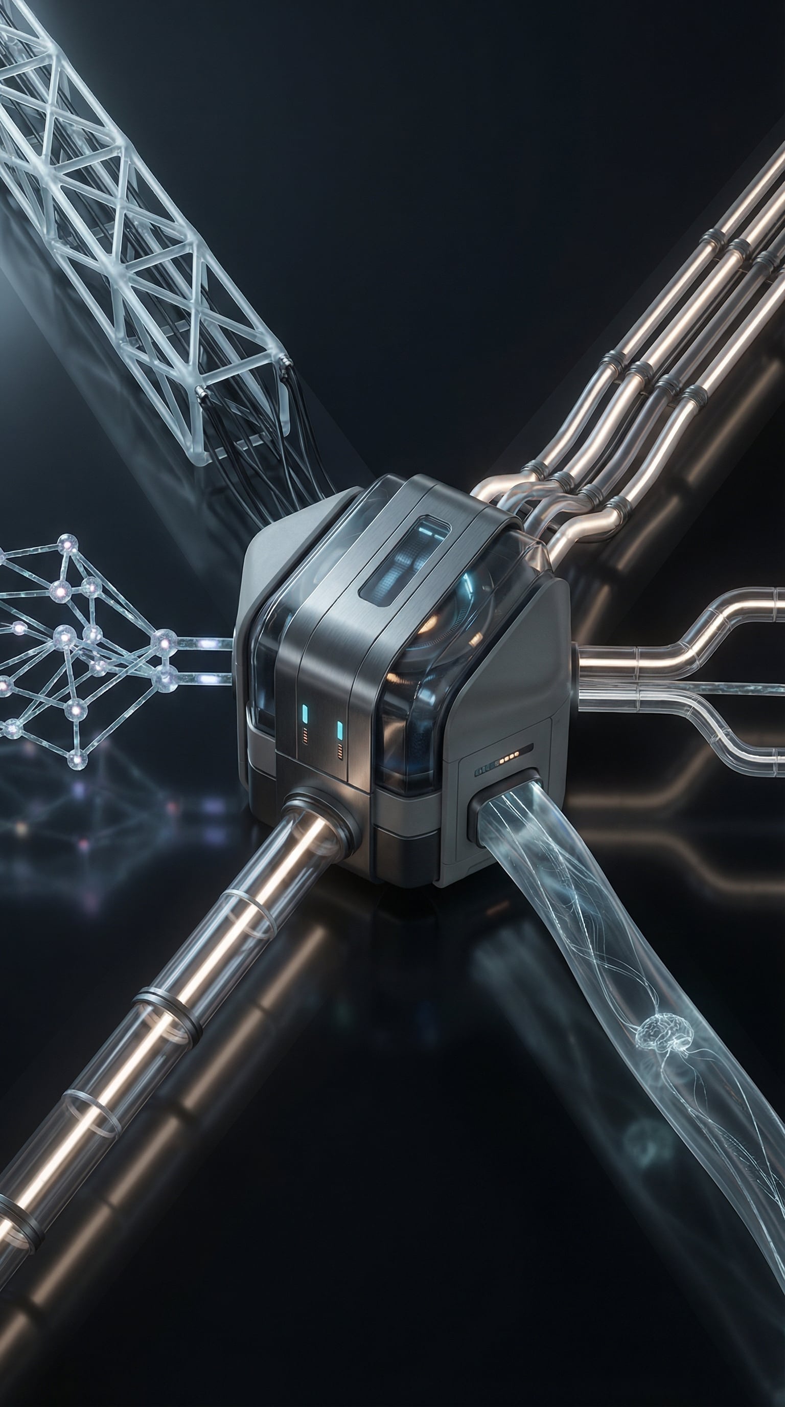 Futuristic network hub with multiple connected data pipelines symbolizing synchronized multi-channel outreach across LinkedIn, email, search, paid media, and AI discovery, representing integrated digital marketing strategy for businesses in Grand Rapids, Detroit, and Marquette.