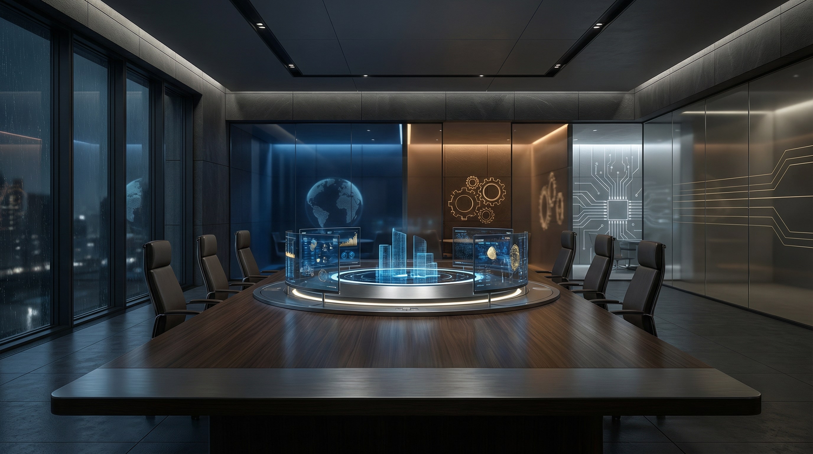 Modern executive boardroom with digital data displays and AI interface table, representing strategic growth planning and enterprise marketing systems by Cotes Code for businesses in Grand Rapids, Detroit, and Marquette.